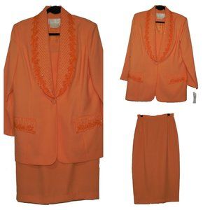 NWT Vintage Beaded Tangerine Light Orange Suit Skirt and Jacket Set Size 12